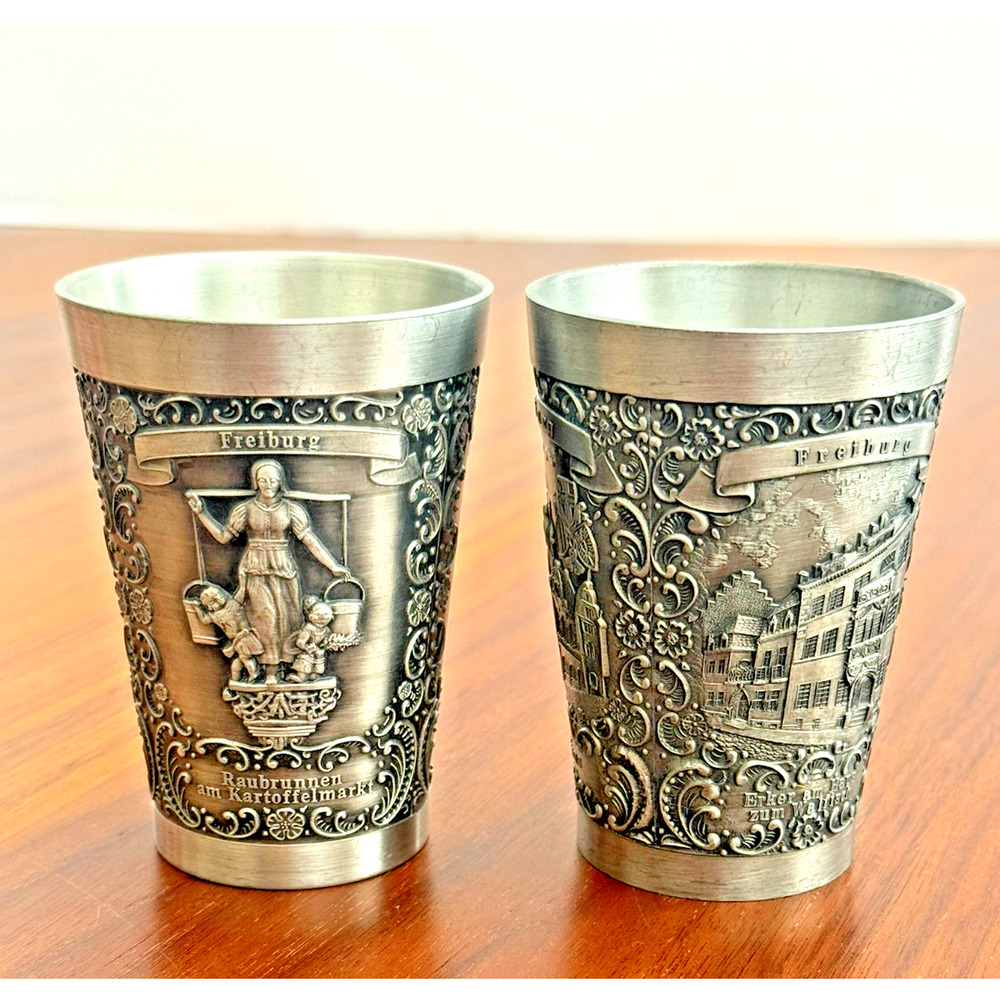 2 Vintage WERTZINN Handgravur Stuttgart German Pewter Wine Cup Glass Emboss Mugs